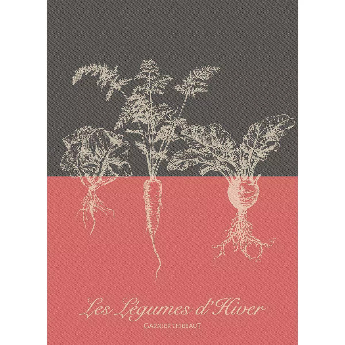 Torchon pur coton motif jacquard rouge noir Legumes d'hiver tomette