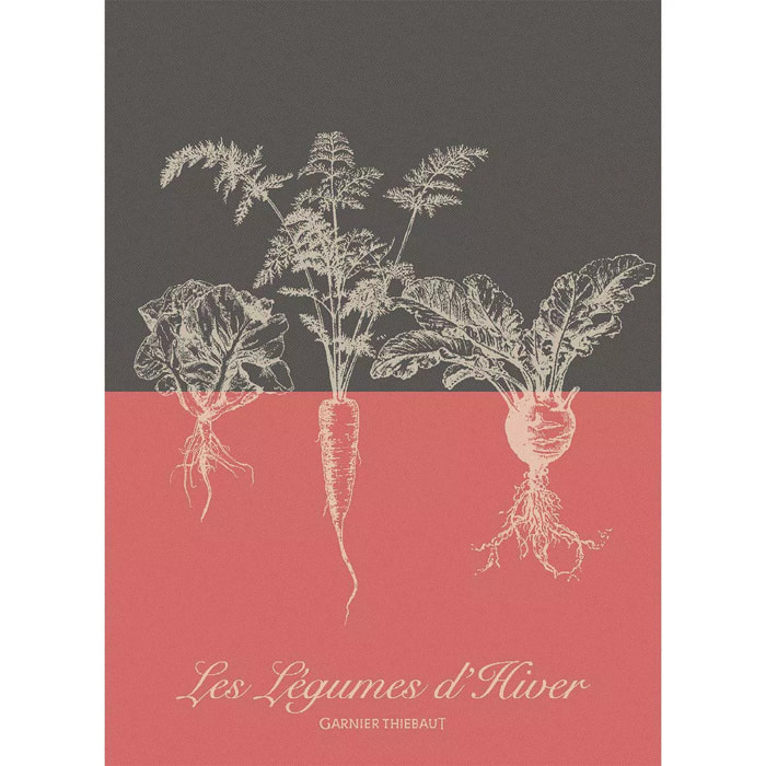 Torchon pur coton motif jacquard rouge noir Legumes d'hiver tomette