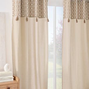 Rideau tamisant à œillets en polycoton avec jacquard et pompons - Naturel