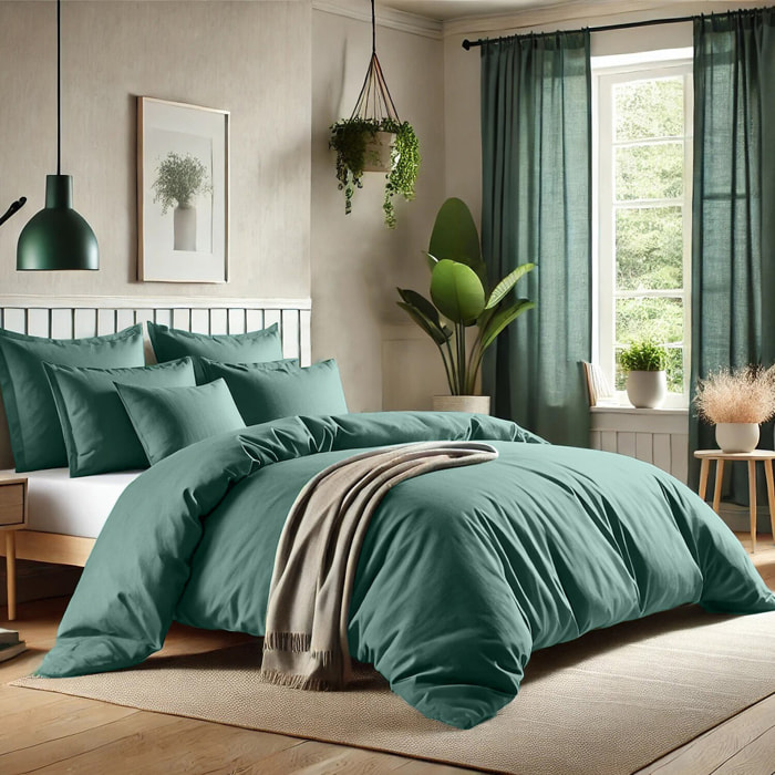 Parure housse de couette unie 100% coton - essentiel - bleu canard