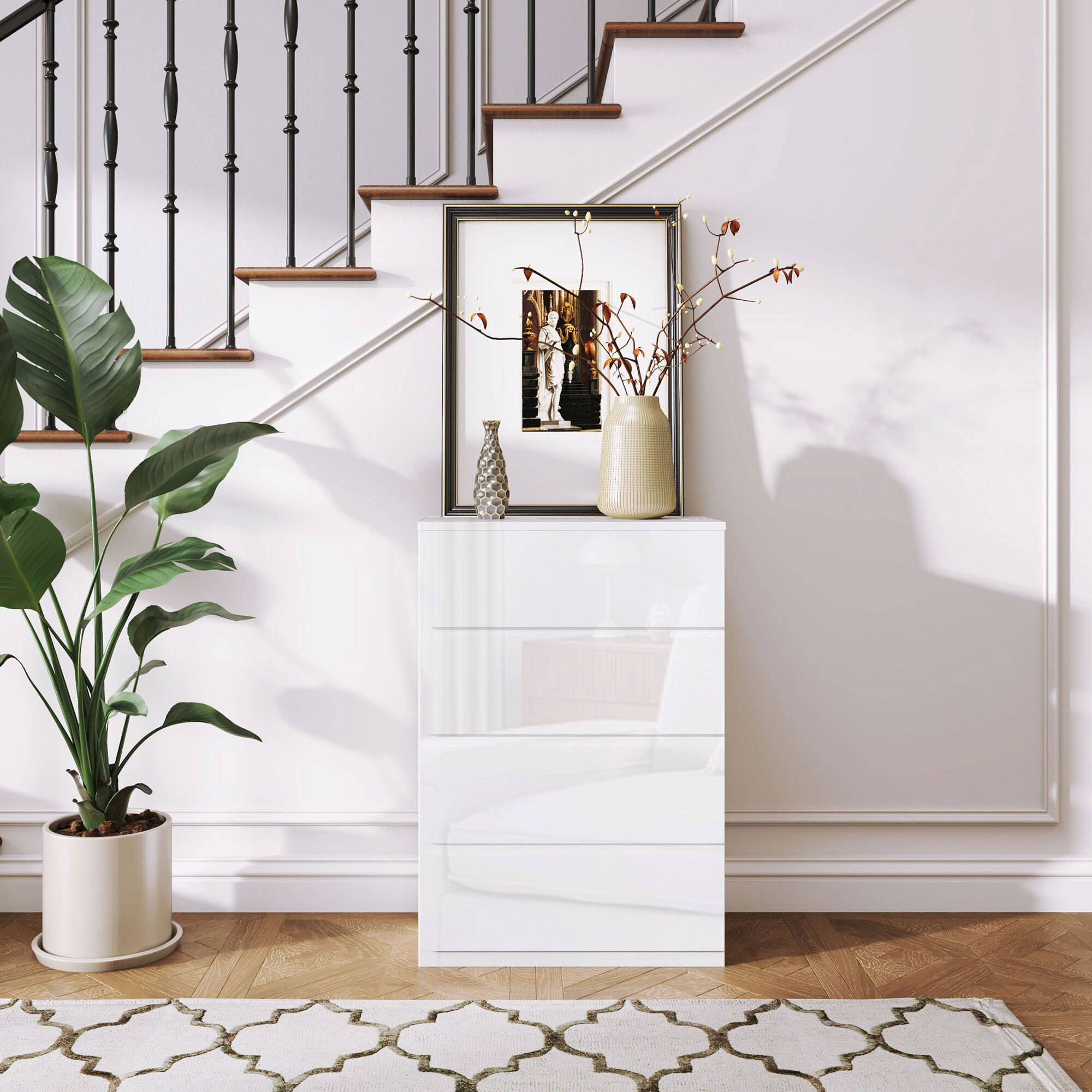 Cómoda con 4 Cajones Cómoda de Dormitorio Moderno con Diseño Anti-vuelco Cajonera para Salón Pasillo 55x33x80 cm Blanco Brillante