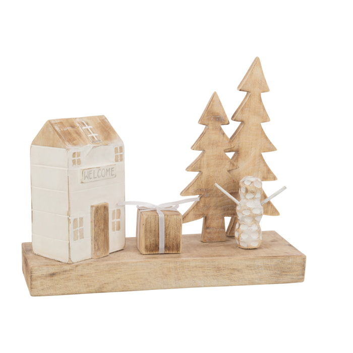 J-Line décoration Village de Noël - bois - naturel & blanc - 30 cm