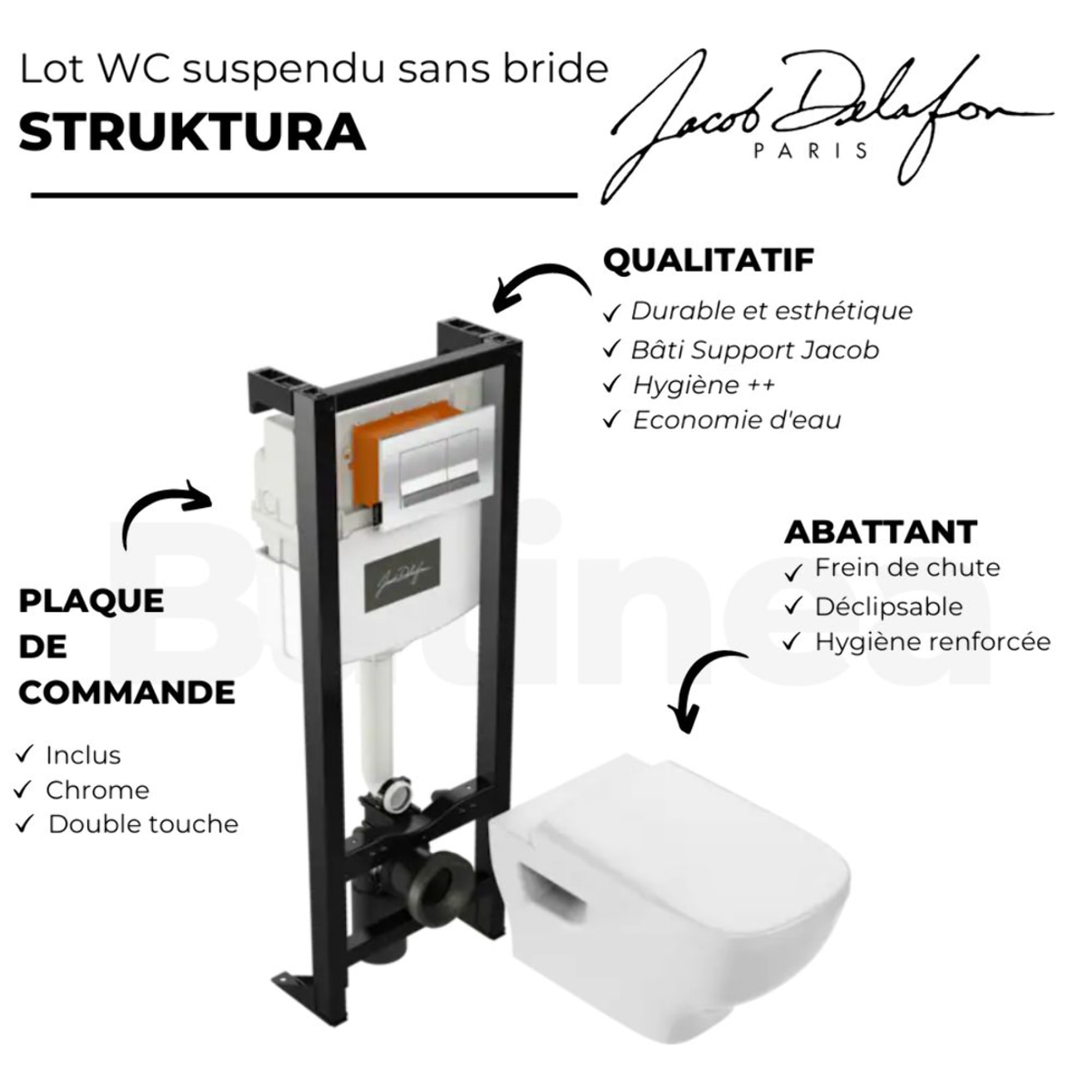 Pack WC suspendu sans bride Struktura + abattant + plaque chromée + bâti + porte -balai et porte-rouleau