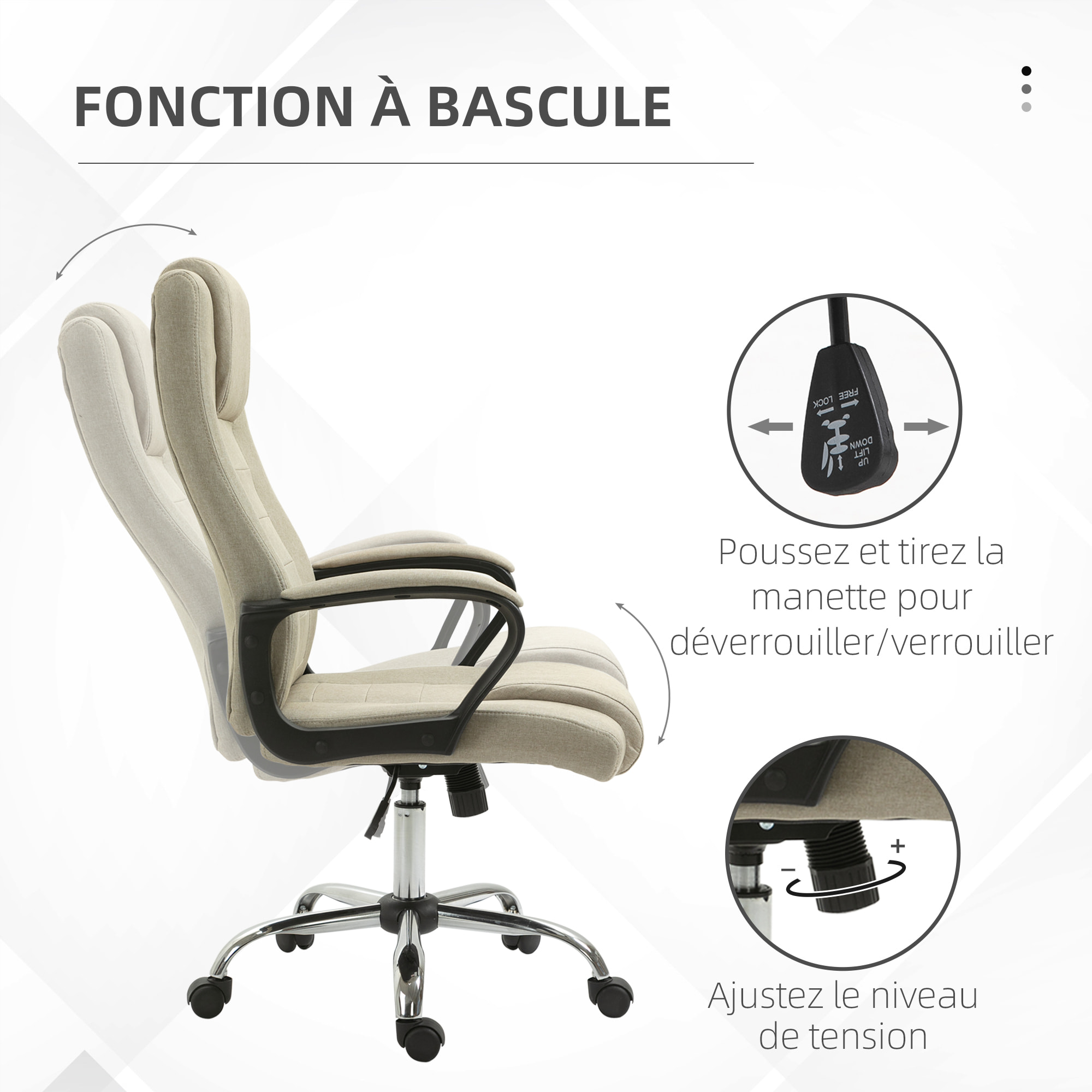 Fauteuil de bureau à roulettes chaise manager ergonomique pivotante hauteur réglable lin beige