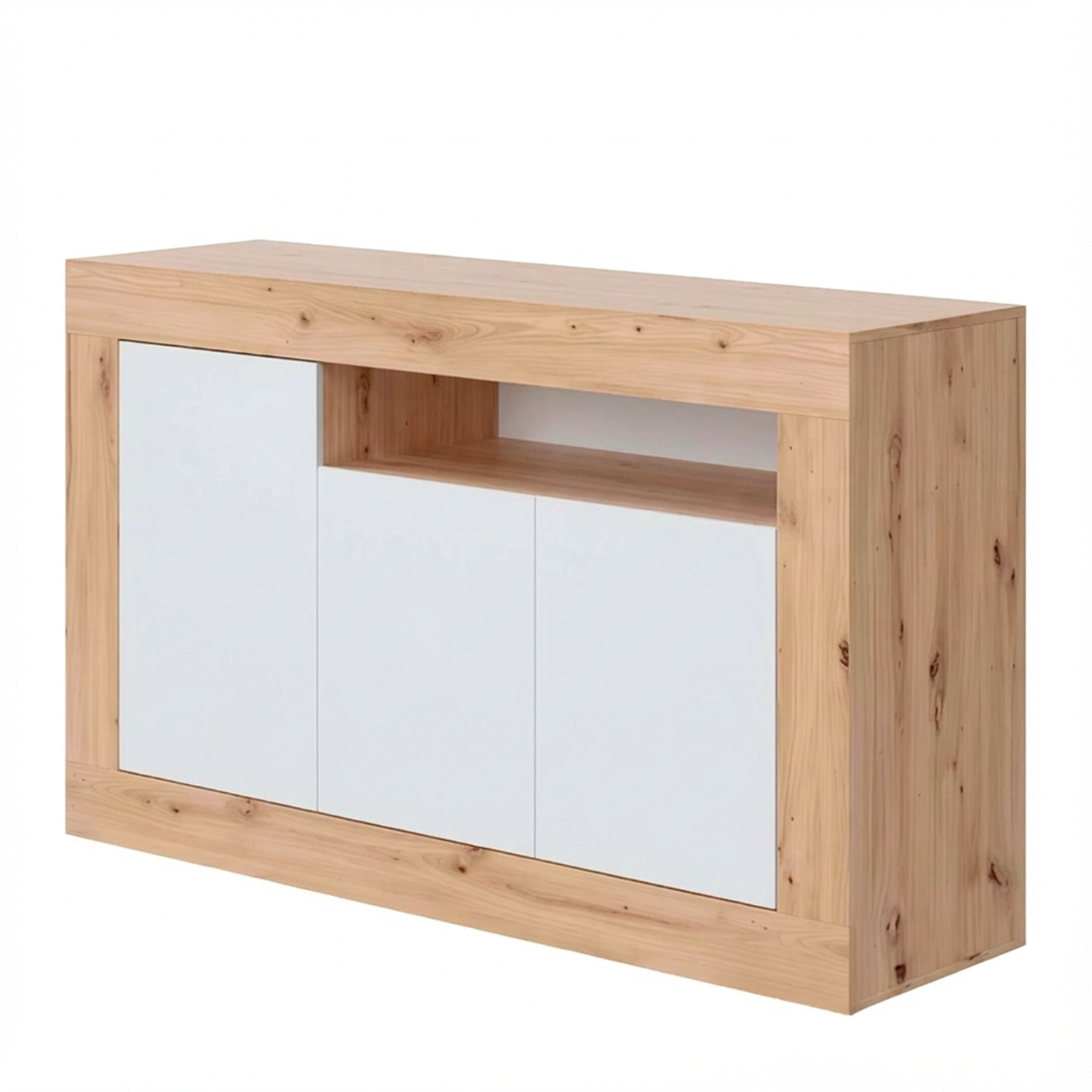 Credenza Moderna Madia A Terra Con 3 Ante Vano A Giorno E Ripiani Interni Mobile Contenitore In Melaminico Antigraffio 144x42x87 Cm Rovere e Bianco