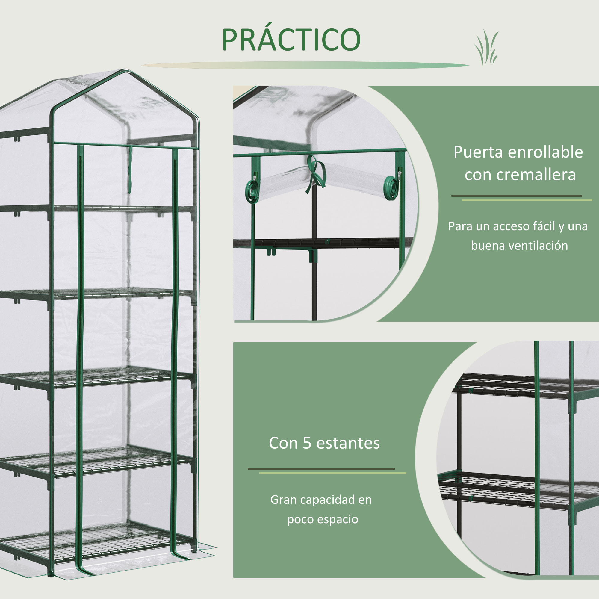 Invernadero de Jardín con 5 Estantes Metálicos y Puerta Enrollable Vivero Casero de Terraza Exterior para Cultivo Plantas Flores Macetas 69x49x193 cm Transparente