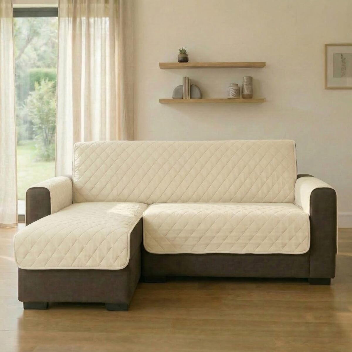 Copridivano 3 posti con penisola impermeabile e antimacchia, telo protettivo con braccioli adattabile a penisola destra e sinistra, vestibilità pratica e ampia copertura, protegge da liquidi e sporco, facile da lavare, ideale per uso quotidiano