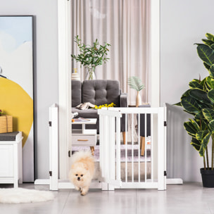 Barrera de Seguridad para Perros de Madera Plegable, para Escaleras y Puertas, Valla para Perros Pequeños y Medianos de 4 Paneles, con Soporte de Pie, para Interiores, 204x36x75 cm, Blanco