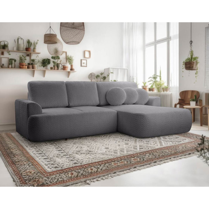 Candela - canapé d'angle droit 4 places - convertible avec coffre - en tissu bouclette - Gris foncé
