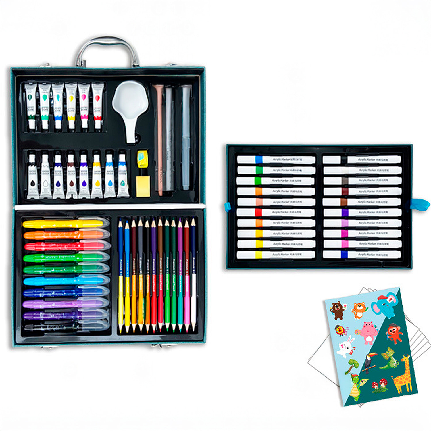 Maletin bellas artes 99 piezas con lapices y rotuladores, acuarelas, ceras pastel, pinceles y accesorios. Diseño animales.