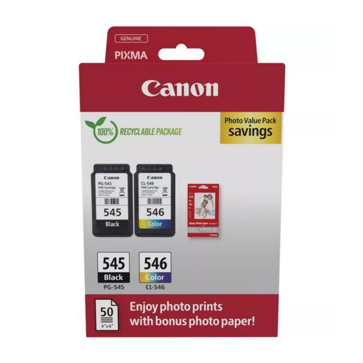 Cartouche d'encre CANON Pack de 2 Originales PG-545/CL-546 Noir et Couleur + Papier - 8286B008