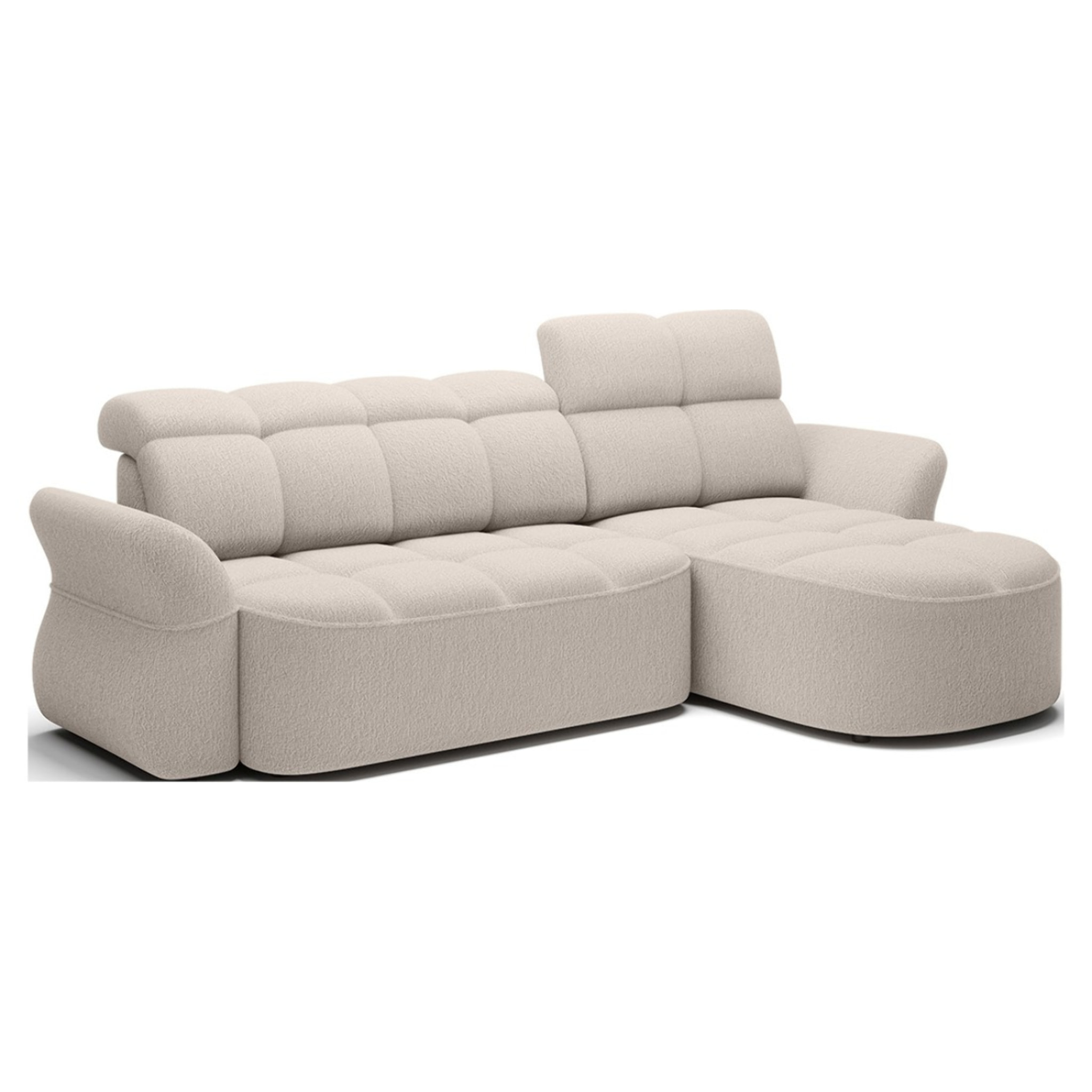 Brume - Canapé d'angle droit 4 places convertible électrique avec coffre et têtières réglables en tissu bouclette - Beige