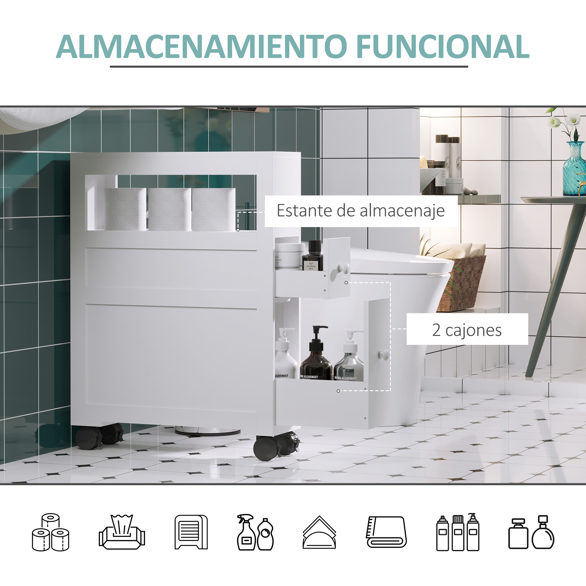 Armario de Baño con Ruedas Mueble de Baño Estrecho con 2 Cajones y Estante de Almacenamiento Carga 20 kg 16x52x71,5 cm Blanco