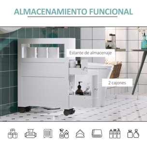 Armario de Baño con Ruedas Mueble de Baño Estrecho con 2 Cajones y Estante de Almacenamiento Carga 20 kg 16x52x71,5 cm Blanco