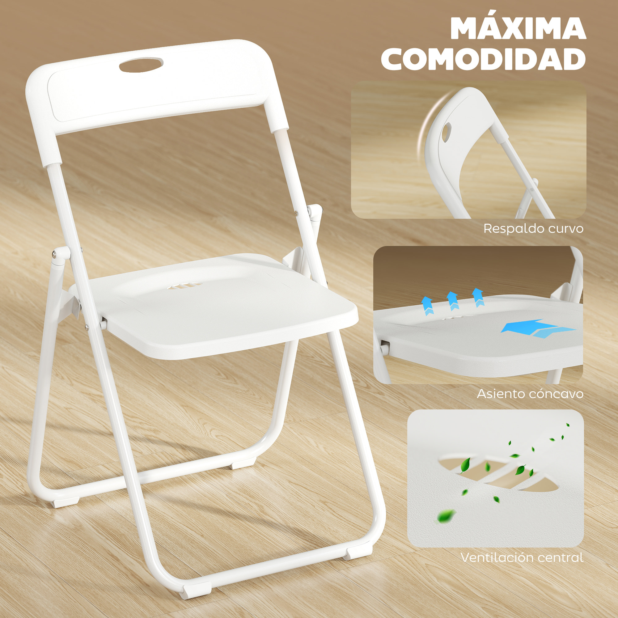 Juego de 6 Sillas Plegables de Plástico, Estructura de Acero, Sillas de Comedor con Respaldo Curvo, Asiento Cóncavo, para Espacios Pequeños, Salón, Oficina, Cocina, Blanco