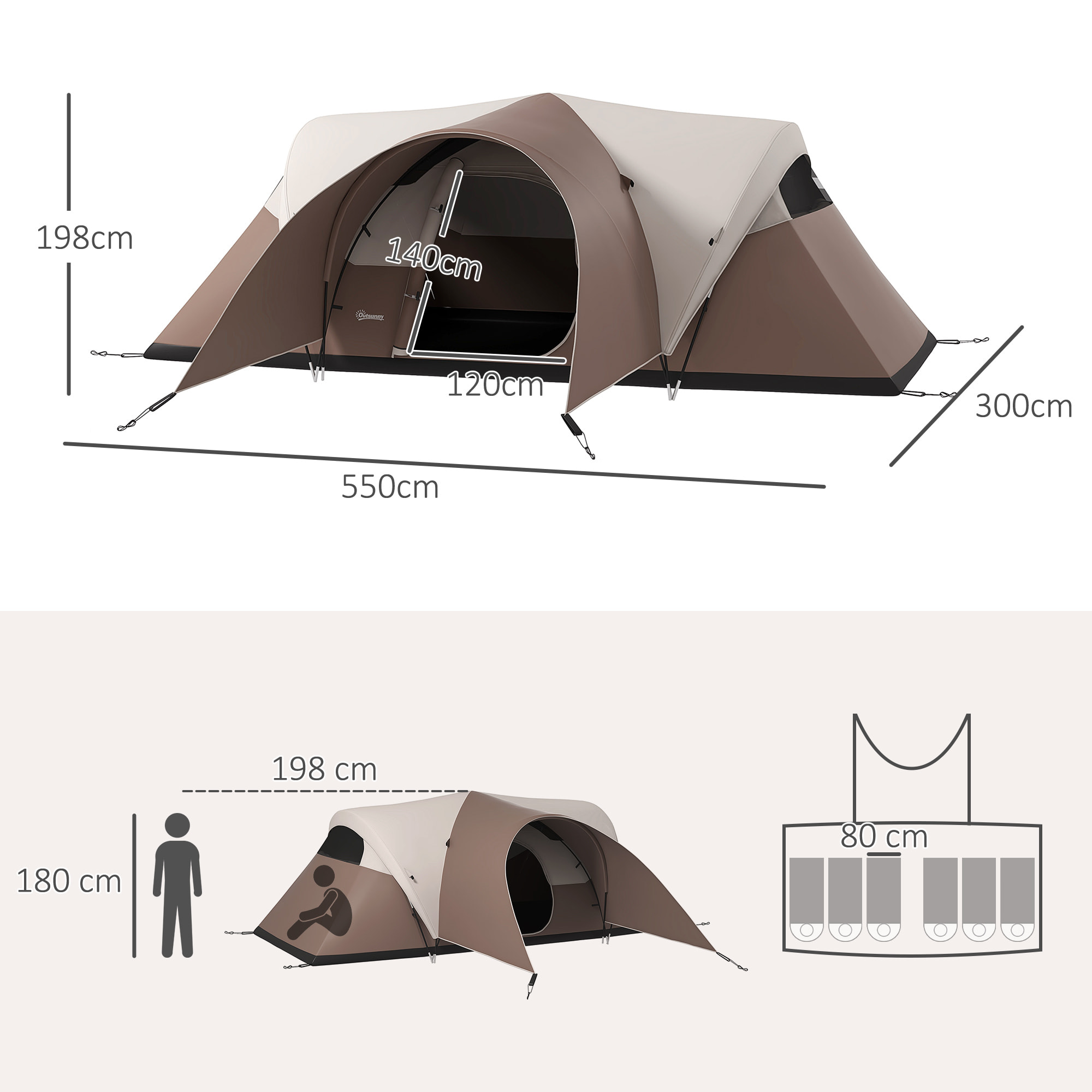 Tente de camping familiale 5-6 pers. étanchéité 3000 mm sac coloris café