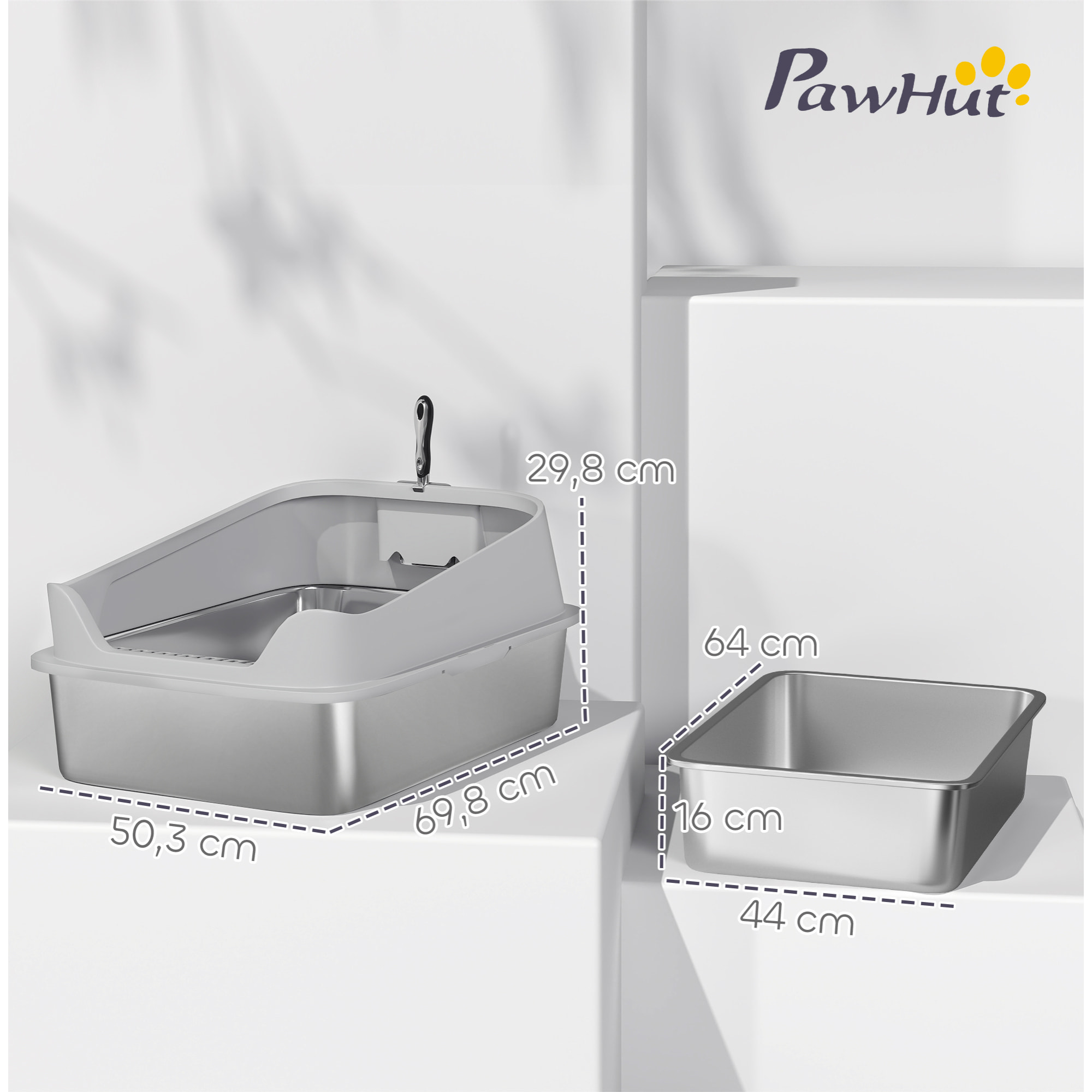 Arenero para Gatos de Acero Inoxidable XXL Caja de Arena para Gatos Arenero con Borde Alto Pala Fácil de Limpiar Prueba de Fugas 70x50x30 cm Gris