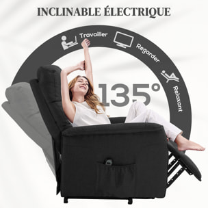 Fauteuil de relaxation électrique télécommande - fauteuil releveur inclinable, repose-pied ajustable - tissu polyester aspect lin noir