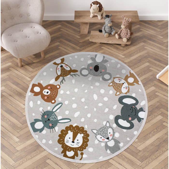 TAPPETO CAMERETTA ANIMALI GRIGIO TONDO DIAMETRO 140 CON FONDO ANTISCIVOLO