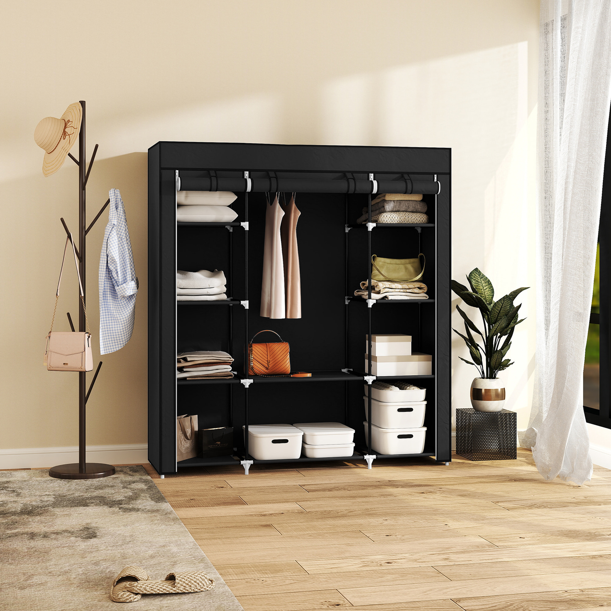 HOMCOM Armario de Tela, Armario Ropero con Barra para Colgar, 10 Estantes Abiertos, Cremallera, Cubierta y Marco Acero, Fácil Montaje para Dormitorio, Espacio Pequeño, Vestidor, 150x43x162,5 cm, Negro