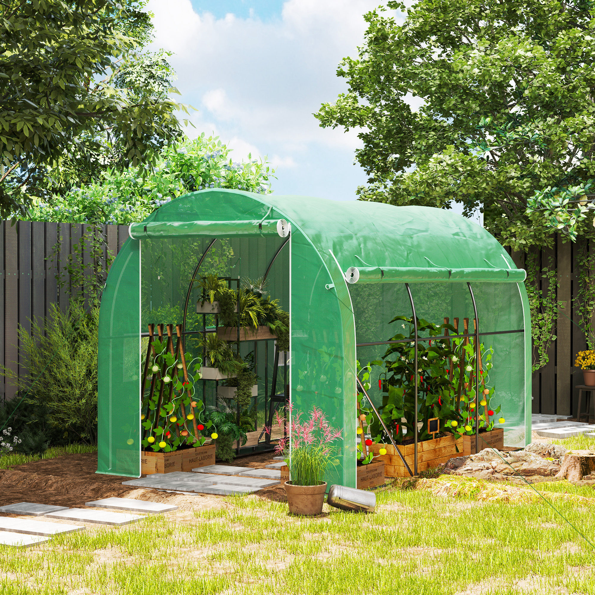 Invernadero de Túnel 296x196x200 cm Invernadero de Jardín con 3 Puertas Enrollables 6 Ventanas Cubierta PE 140g/m² Estructura de Acero Galvanizado para Cultivos Plantas Flores Verde