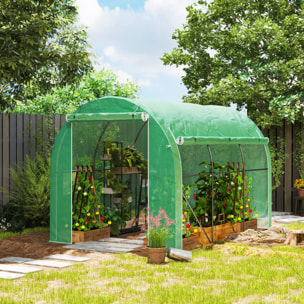 Invernadero de Túnel 296x196x200 cm Invernadero de Jardín con 3 Puertas Enrollables 6 Ventanas Cubierta PE 140g/m² Estructura de Acero Galvanizado para Cultivos Plantas Flores Verde