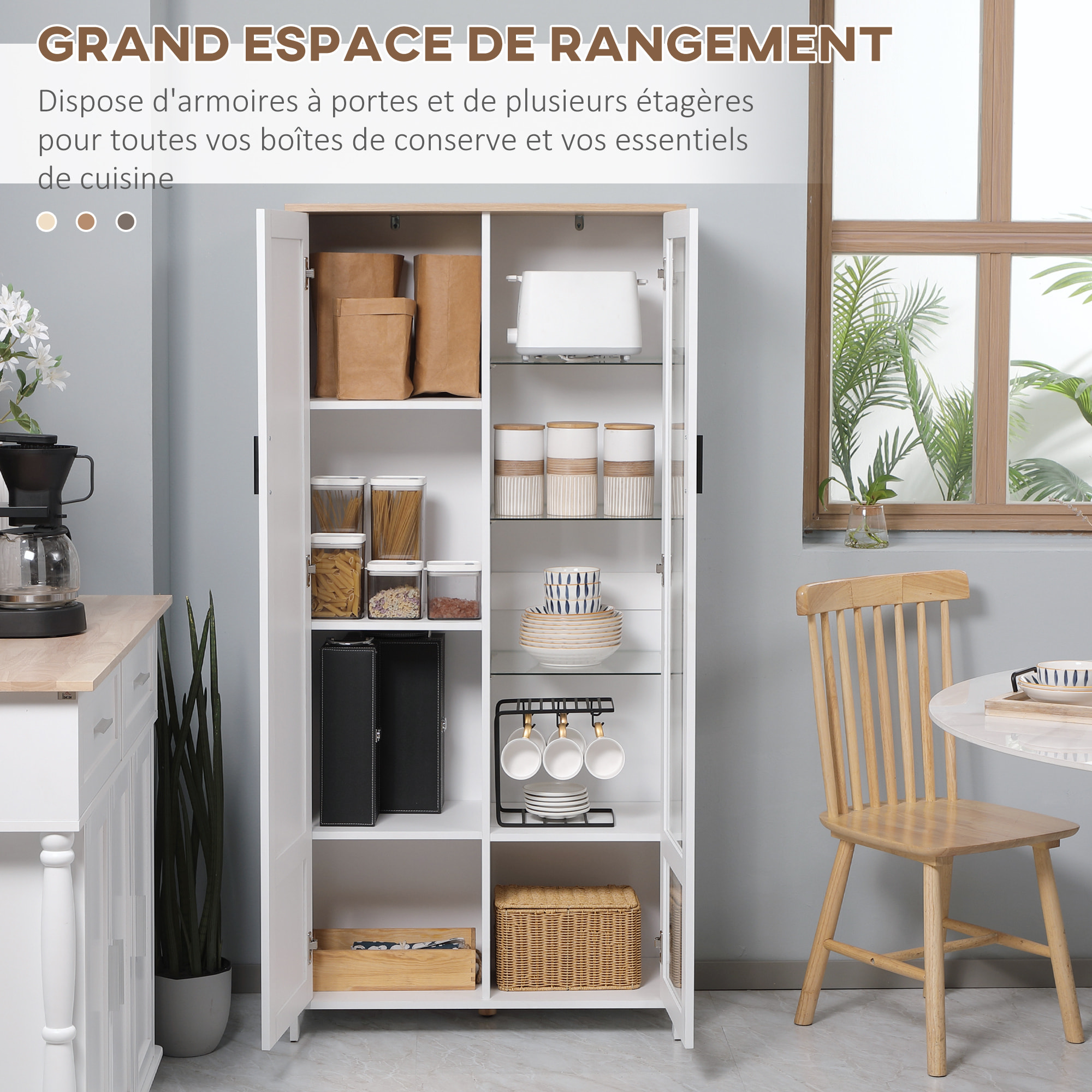 Armoire de rangement - 2 portes - 7 étagères - dim. 76L x 36l x 160H cm - blanc aspect chêne clair verre