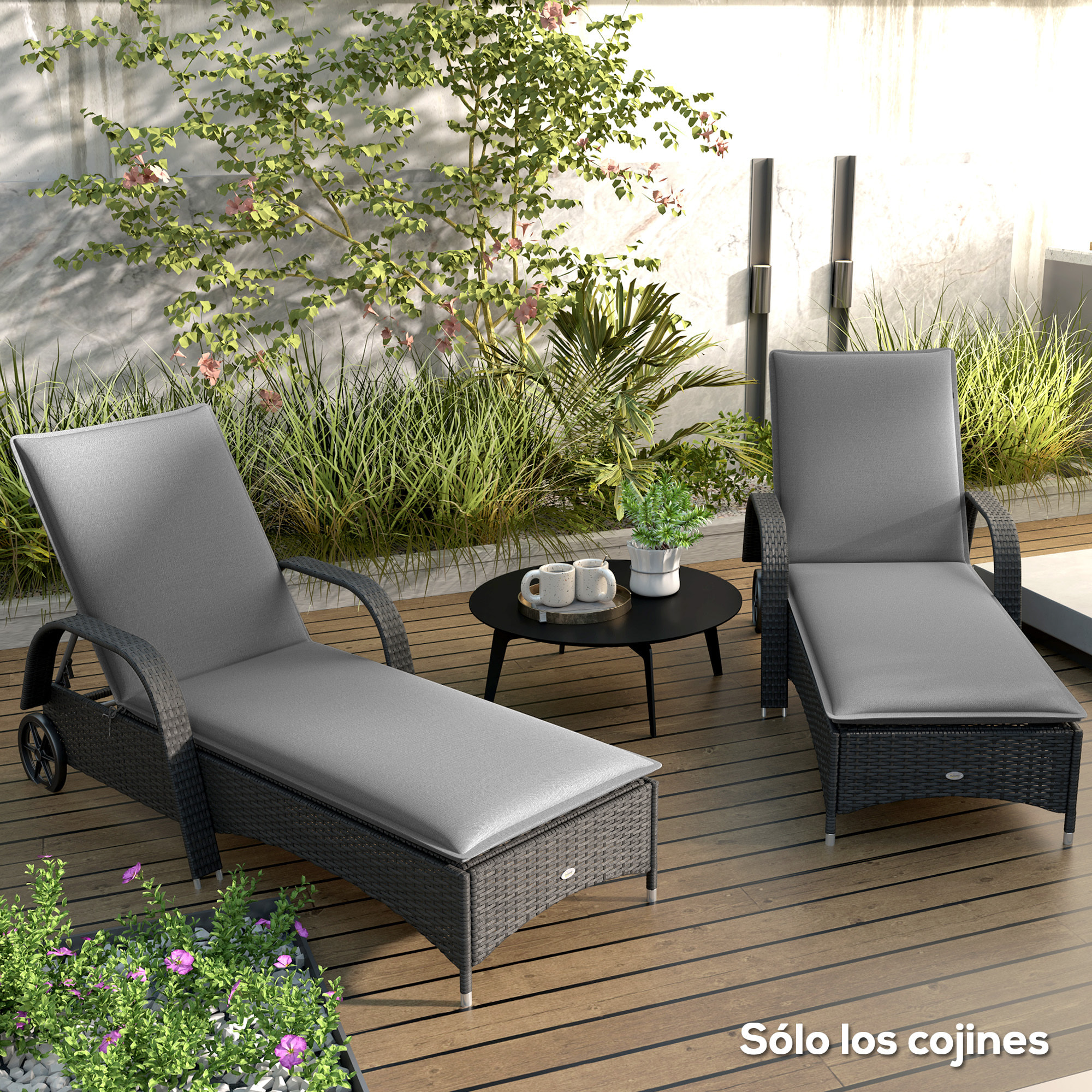 Pack 2 Cojines para Tumbonas Plegables Colchonetas para Tumbonas de Jardín Exterior 193x58x6 cm con Correas de Sujeción Protección UV Resistente a Salpicaduras Gris