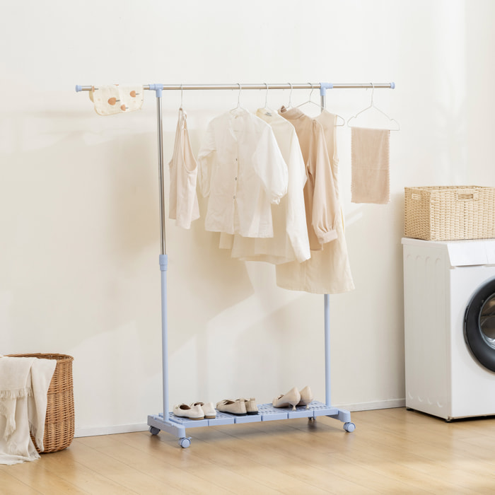 Tendedero Extensible con Ruedas, Tendedero de Ropa con Barra de Acero Inoxidable y Estante para Zapatos, Altura Ajustable, para Interior, Azul y Plata