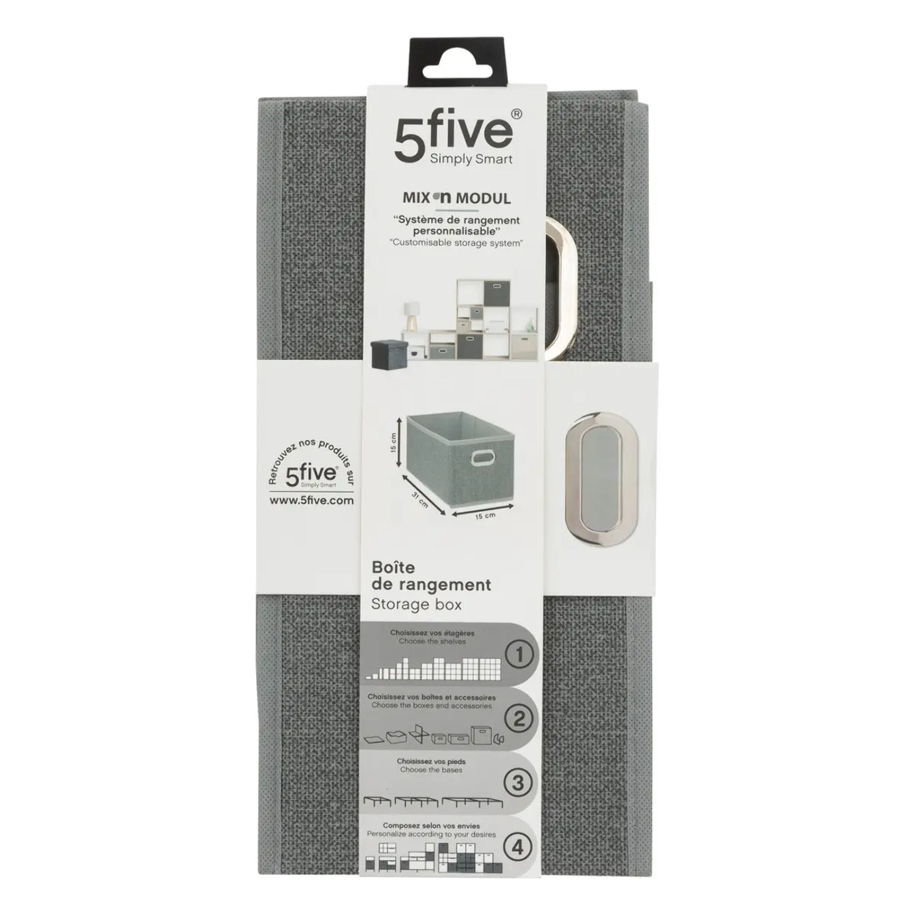 Panier tissu 15x31cm "Mix N' Modul" gris clair chiné