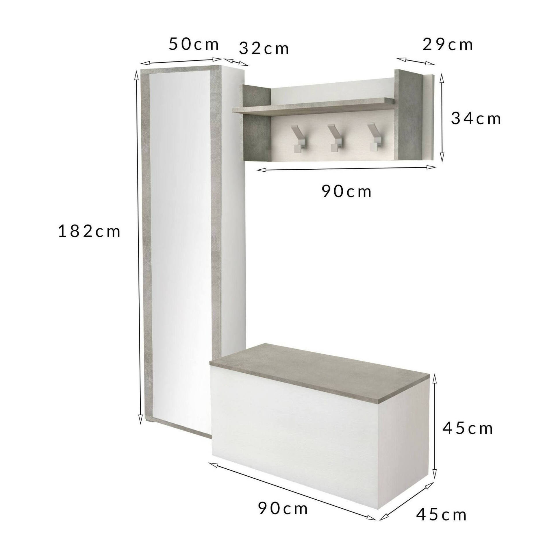 Mobile da ingresso Djohnse, Entratina moderna con appendiabiti, Mobile con scarpiera, Armadietto con specchio, Cm 50x32h182, Bianco e Cemento