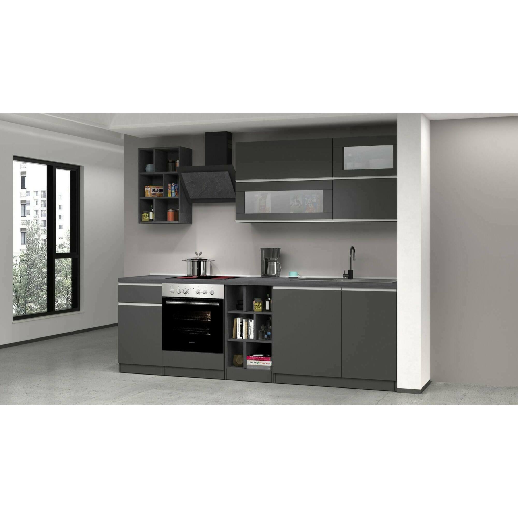 Cucina completa Dcastill, Cucina pratica e salvaspazio, Parete da cucina con 5 ante e 1 cassetto, 100% Made in Italy, 255x60h85 cm, Antracite e Ardesia