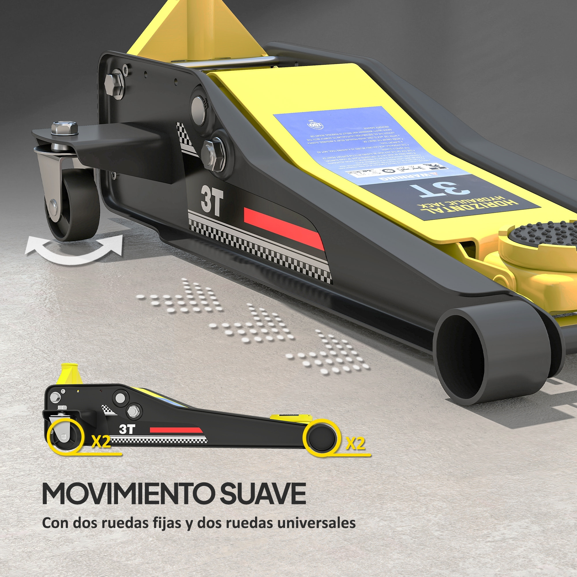 Gato Hidráulico para Coche 3T, Altura de Elevación 75-505 mm, Gato Elevador Hidráulico con Perfil Bajo, Bomba de Doble Pistón con Doble Elevación de Subida, Mango de Aluminio Ruedas para Garaje