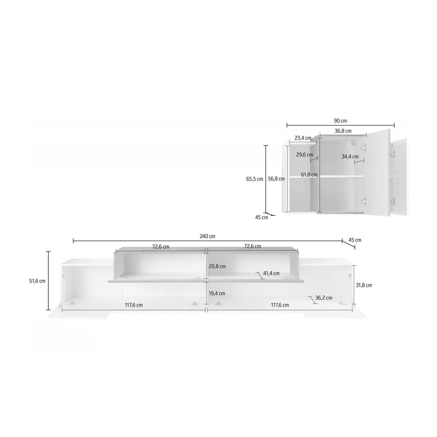 Parete attrezzata da soggiorno modulare, Made in Italy, Base porta TV e pensile sospeso, Set salotto moderno, cm 280x45h180, colore Bianco lucido e Acero