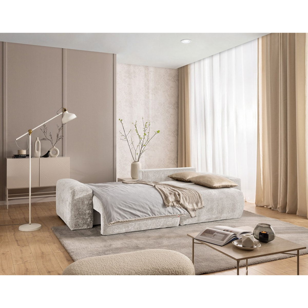 Constance - Canapé d'angle réversible 4 places convertible avec coffre en velours relief - Beige