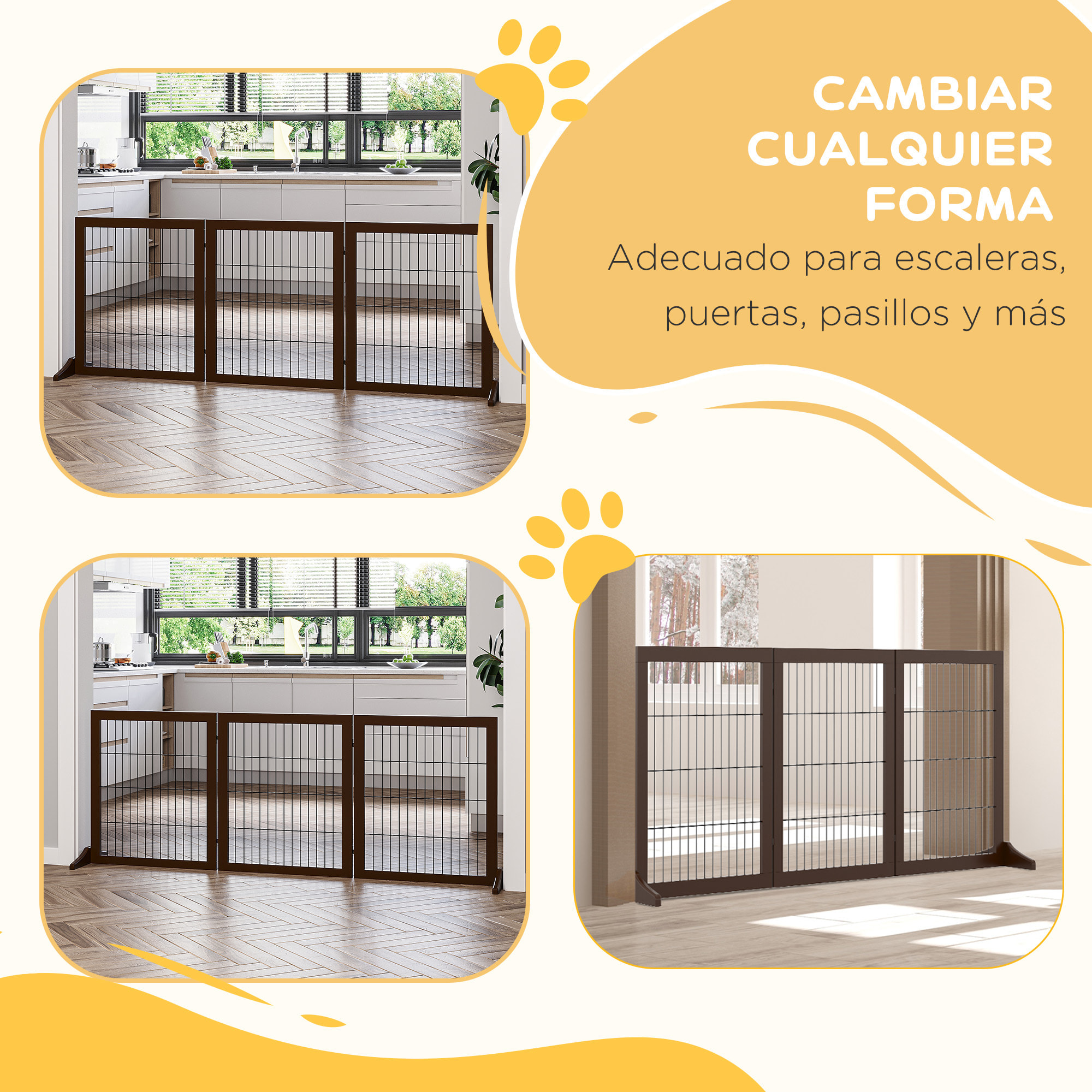 Barrera para Perros de 3 Paneles Barrera de Seguridad para Perros con Estructura de Madera y Patas de Apoyo para Pasillo Escalera 185x36x71 cm Marrón