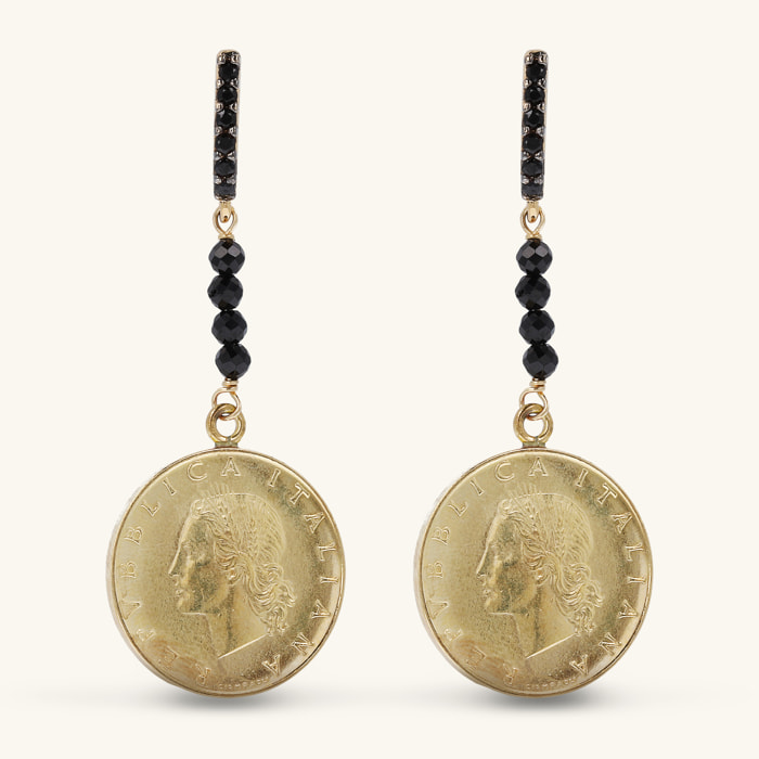 Orecchini Pendenti con Spinello Nero e Moneta