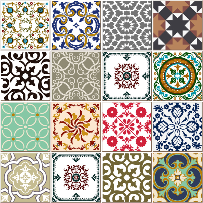 Stickers muraux - Sticker Mural Carrelage adhésif Cuisine Salle de Bain - 16 STICKERS CARRELAGES AZULEJOS STYLE DESIGN COLORÉ