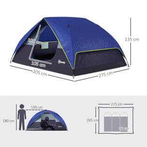 Tente de camping 2-4 personnes - fenêtre, 2 poches, port d'alimentation, sac de transport - bleu foncé