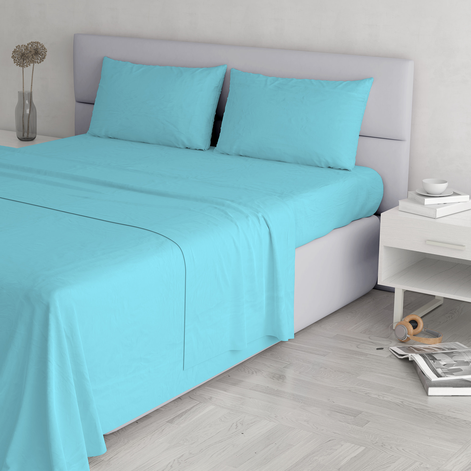 COMPLETO LETTO ELEGANT, 100% Microfibra, No Stiro - AZZURRO