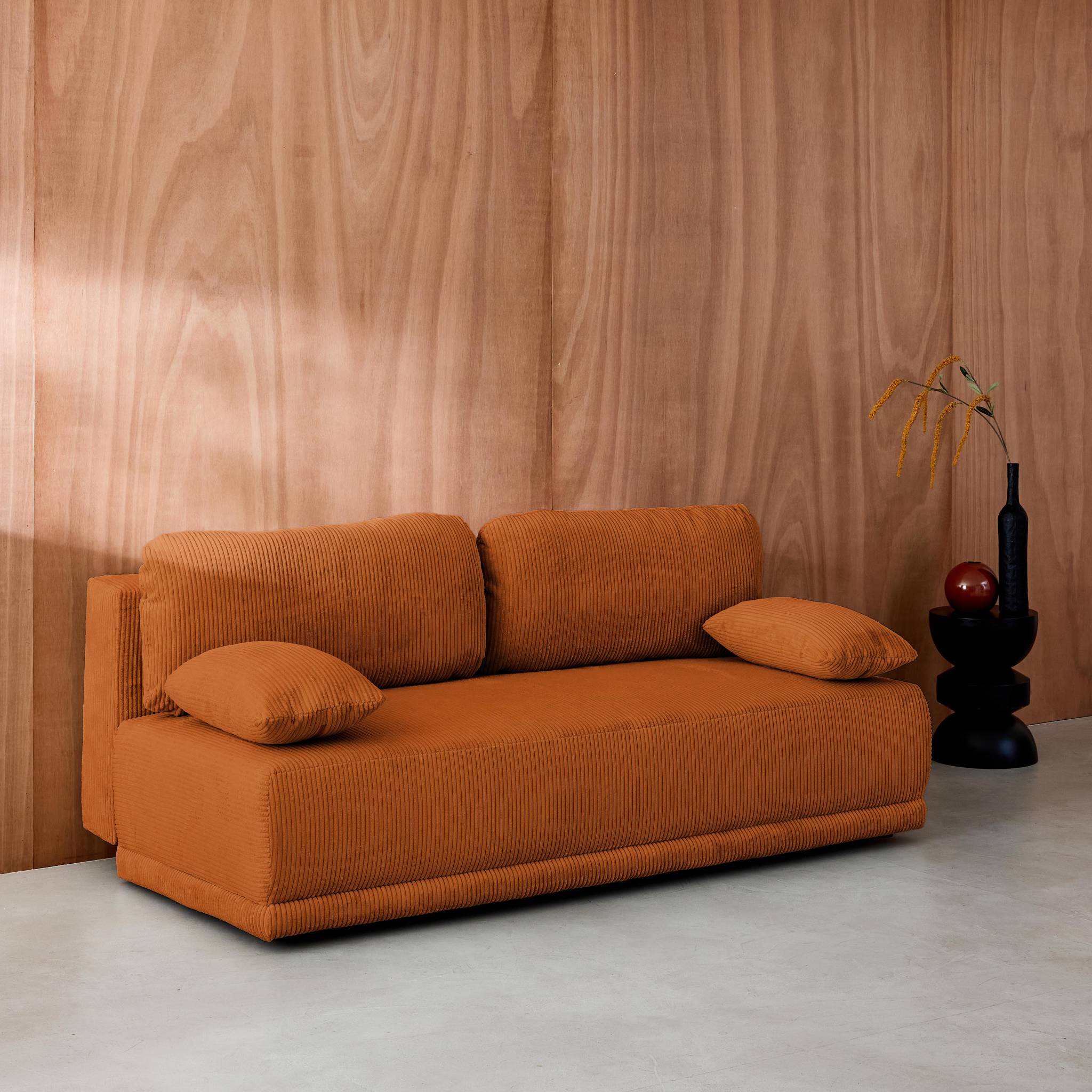 Banquette convertible 3 places velours côtelé camel avec coffre de rangement - L 192 x P 100 x H 81cm -Nelson