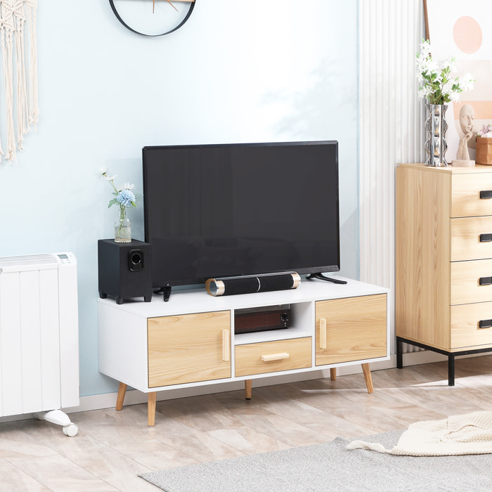 Meuble TV bas sur pied style scandinave 2 portes niche tiroir piètement effilé incliné bois panneaux blanc aspect bois clair