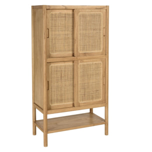 AMY - Vaisselier 2 étagères 2 portes coulissantes mindi / rotin naturel AMY