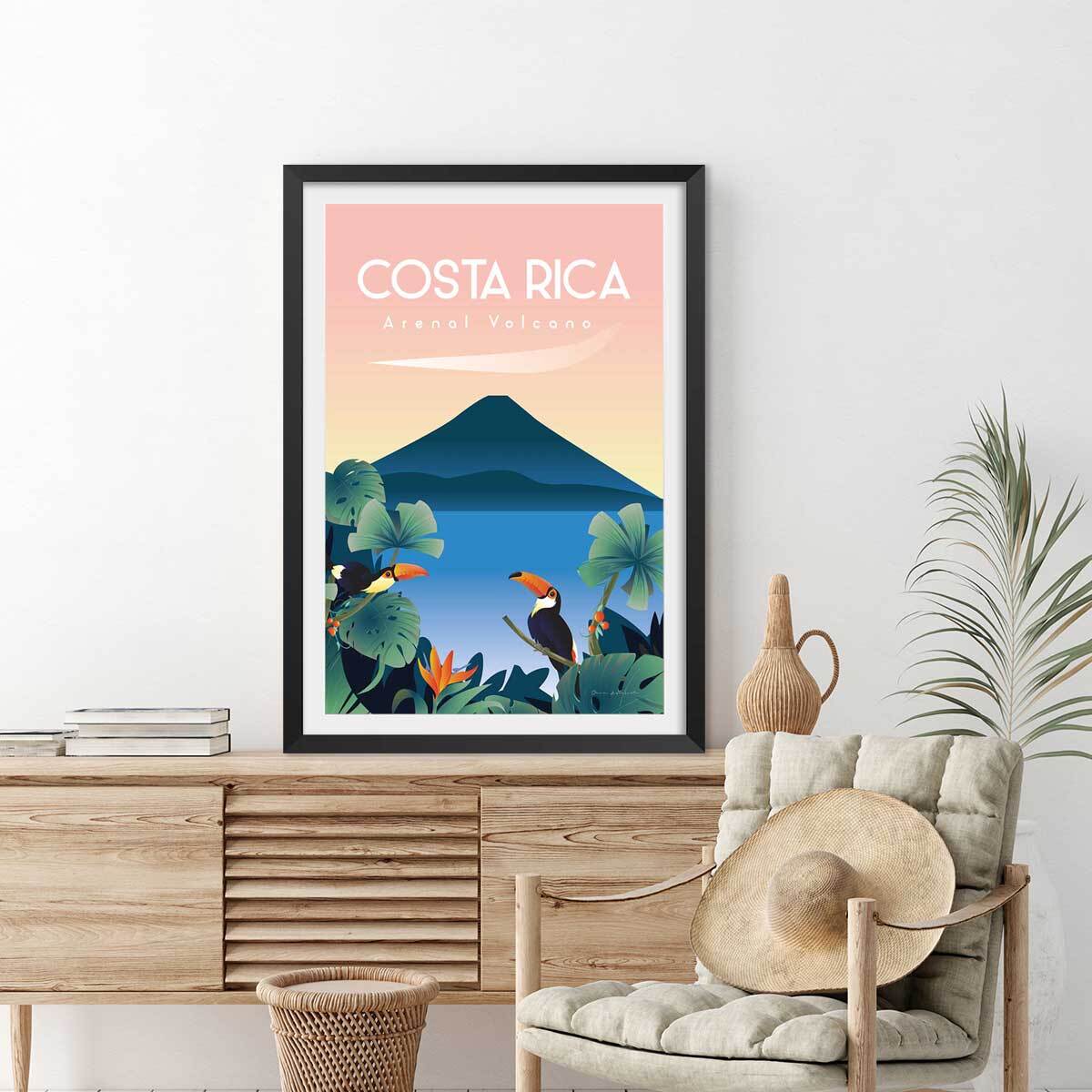 Affiche voyage Volcan du Costa Rica Affiche + cadre en bois - Noir