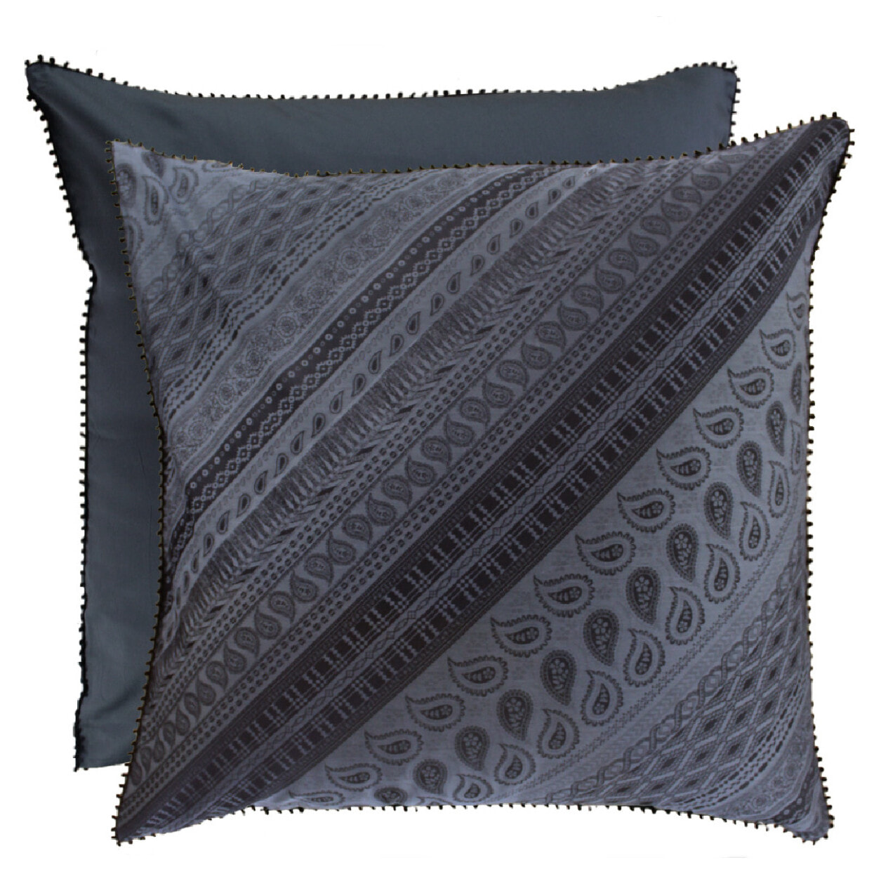 Taie d'oreiller satin de coton motif jacquard bleu gris Esmeralda zinc