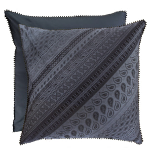 Taie d'oreiller satin de coton motif jacquard bleu gris Esmeralda zinc