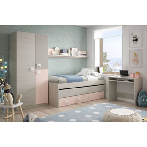 Letto singolo Fairfield, Struttura letto per cameretta, Letto singolo con lettino estraibile e 2 cassetti e mensola, cm 199x96h65, Bianco e Rosa