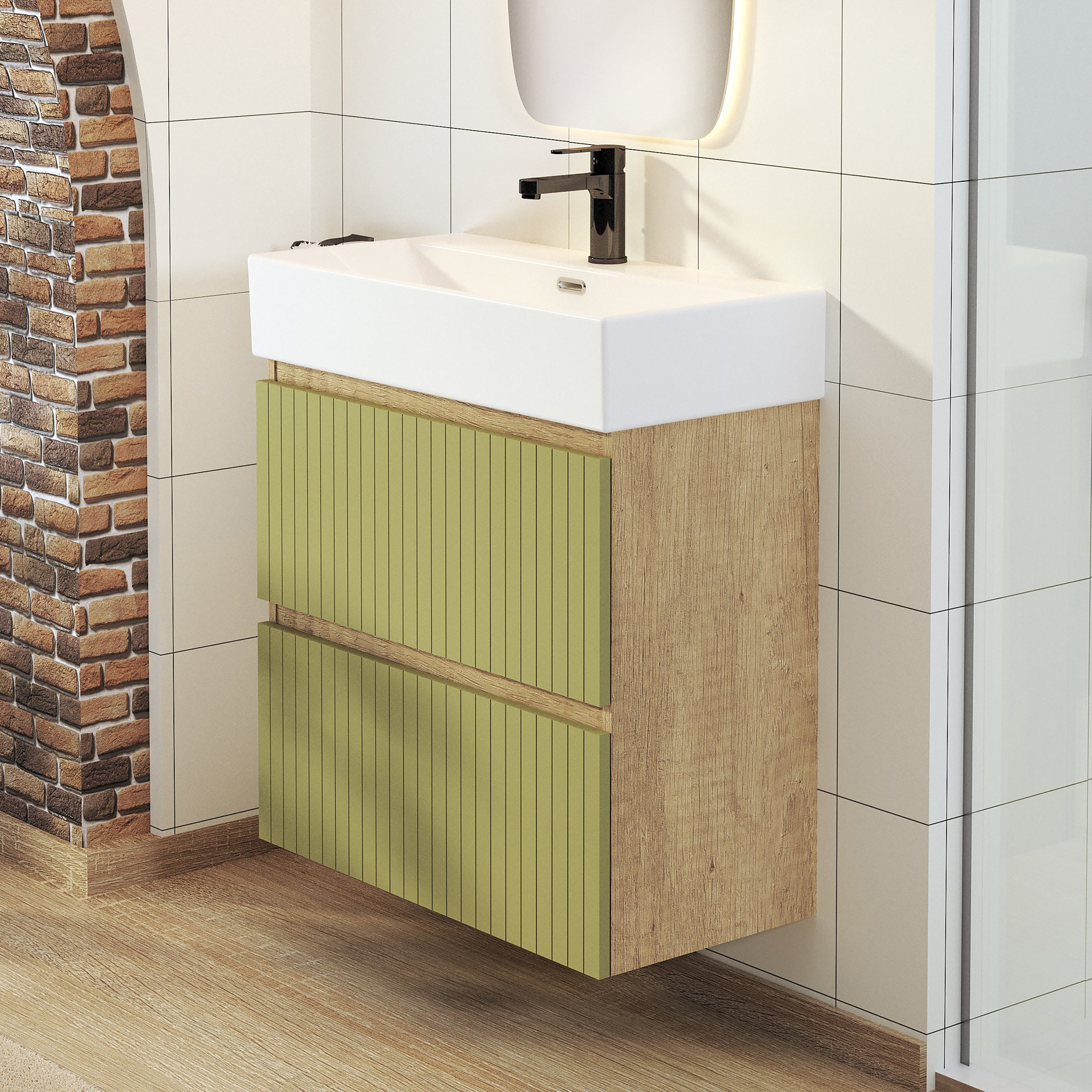 Ensemble de Salle de Bain Zel | Meuble Suspendu | 70 cm Vert | Deux Tiroirs | Lavabo Encastré | Miroir non inclus | Meuble Monté | Alday