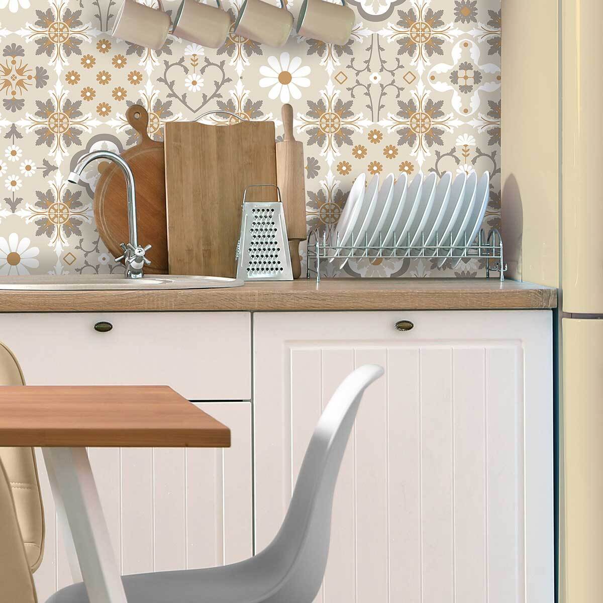 Papier peint carreaux vintage motifs floraux beige et ocre