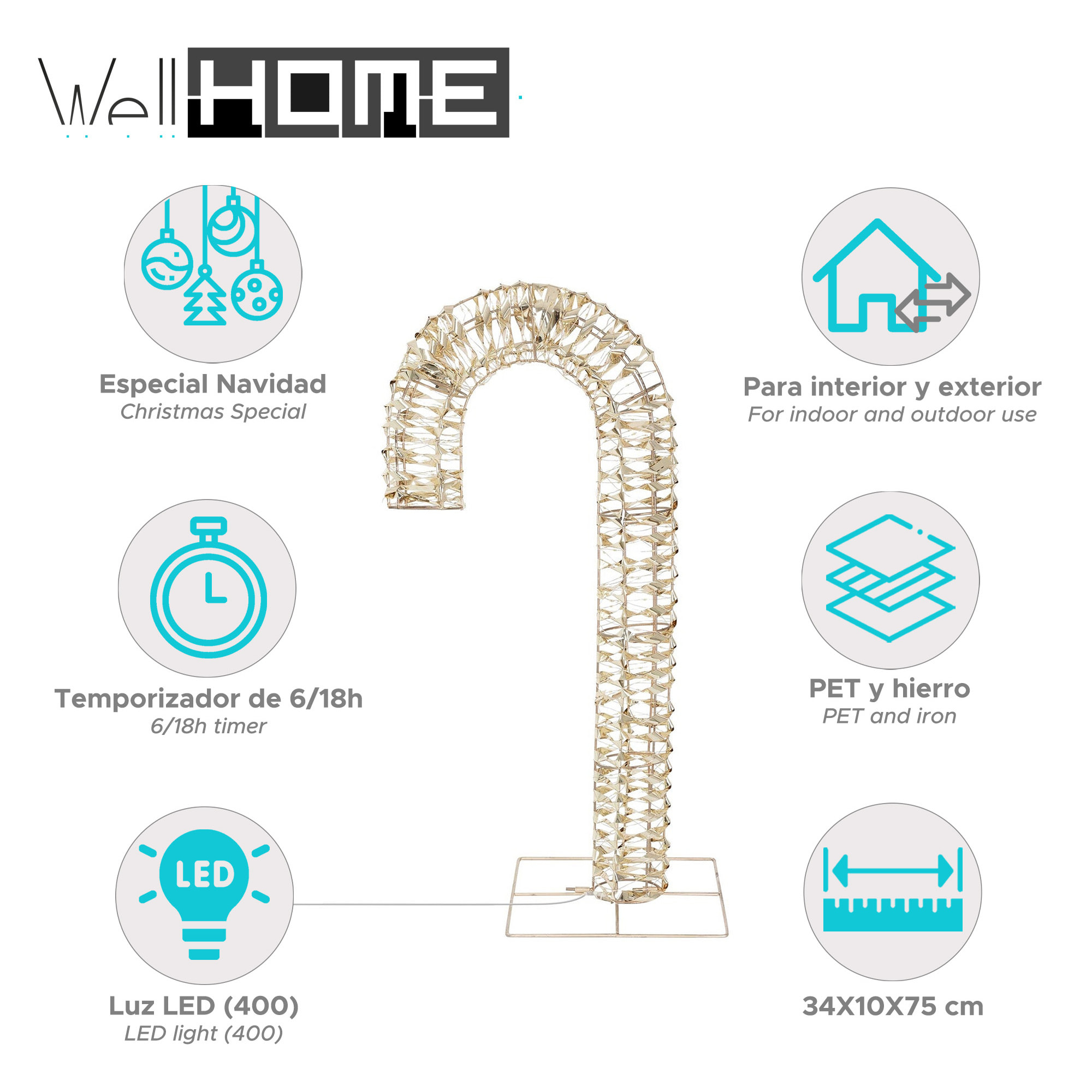 bastón de caramelo luminoso de marco dorado con 400 micro led 34x10x75cm